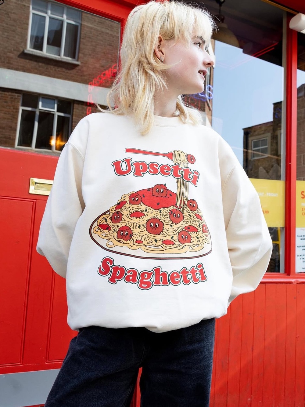Upsetti Spaghetti Graphic Crewneck Sweatshirt - Cream